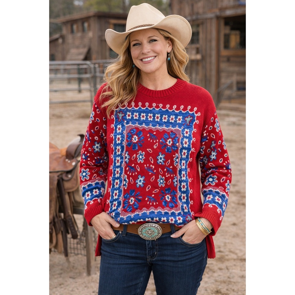 Vtg Womens Bandana Sweater Large Red Blue Floral Long Sleeve Crew‎ Neck Rodeo